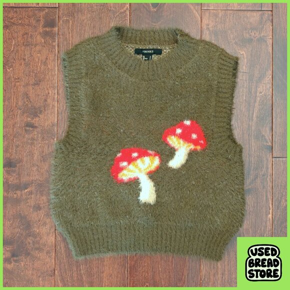 Small Mushroom Sweater Vest Fairy Cottagecore Goblin Nature Woodsy Art Green - Picture 1 of 3